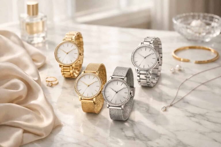 Elegant collection of luxury women watches under $100 arranged on a marble surface with soft natural lighting.