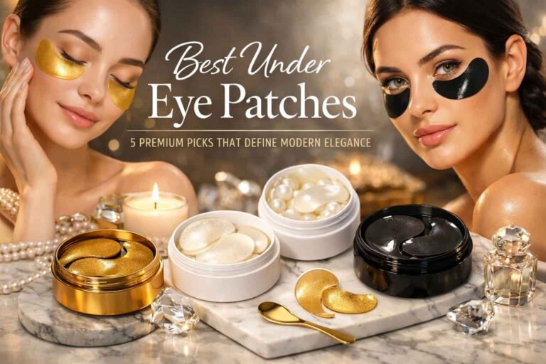 Best under eye patches displayed on a marble surface with luxury skincare elements, designed to reduce dark circles, puffiness, and fine lines for a refreshed and radiant look