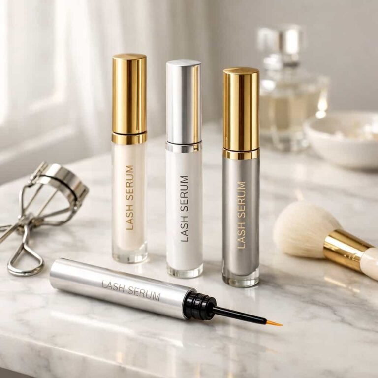 Luxury lash enhancing serum bottles arranged on a marble vanity table with elegant beauty tools and soft lighting
