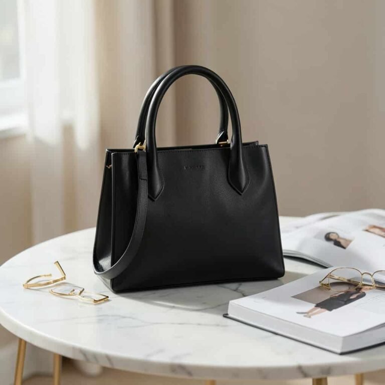 Black handbags that look designer on marble background with luxury accessories in elegant neutral aesthetic