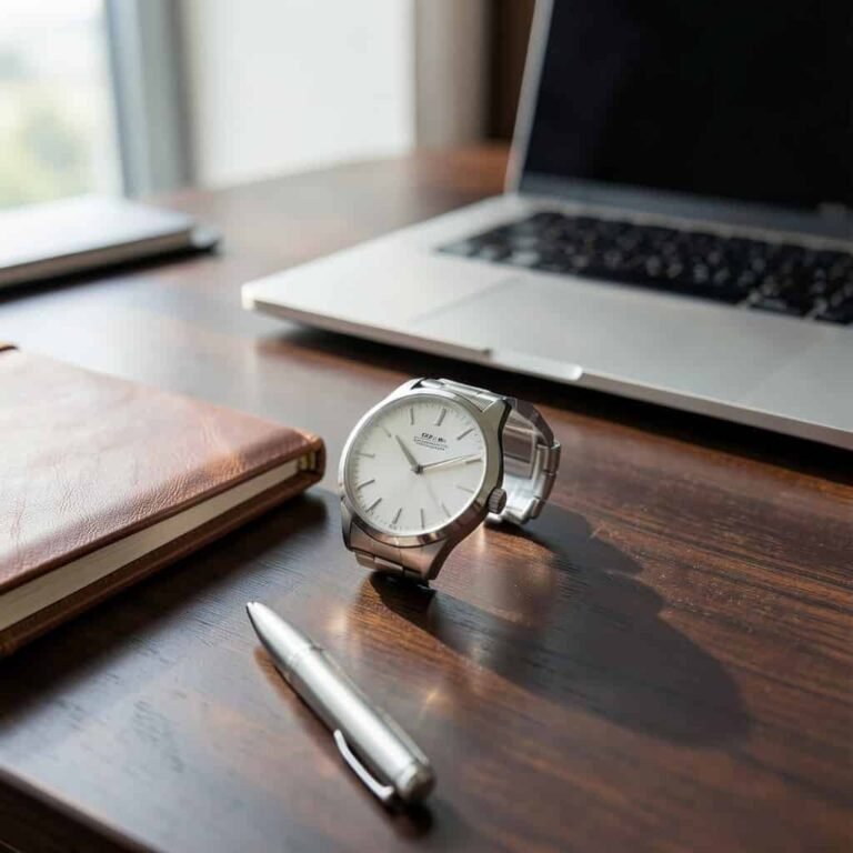 Elegant Office Watch for men on desk with laptop and leather notebook