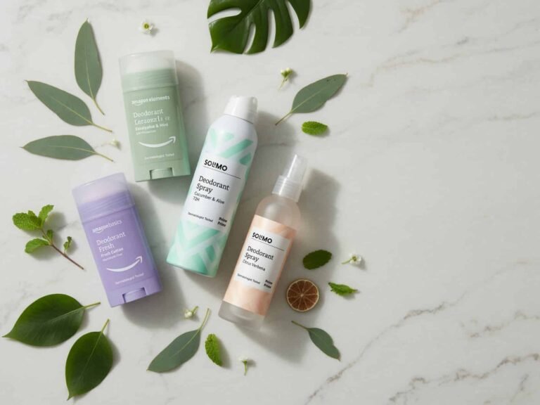 Best Amazon deodorants for men and women flat lay image with natural fresh background.