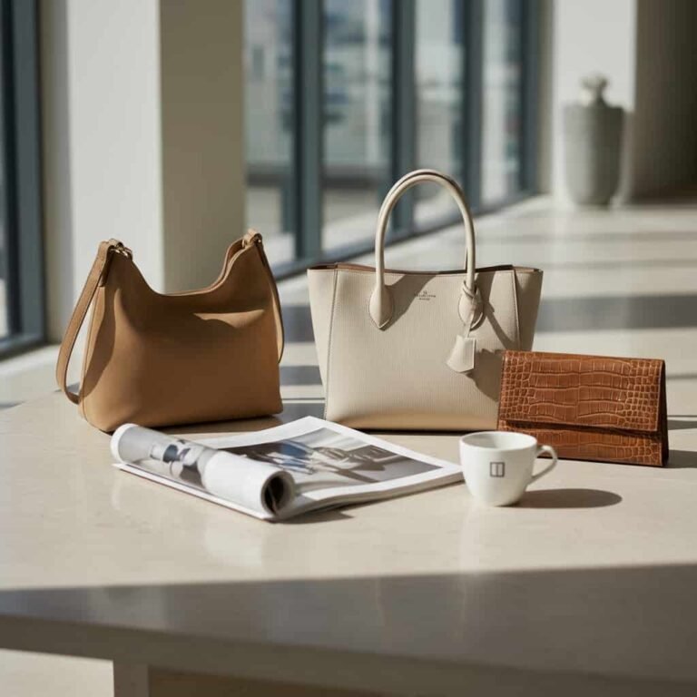 Aesthetic Handbags for Minimal Style in neutral colors arranged on a clean modern background representing minimal fashion style.