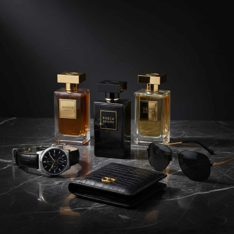 Luxury aura fragrance for men with premium colognes and luxury accessories on dark marble background representing modern masculine elegance.