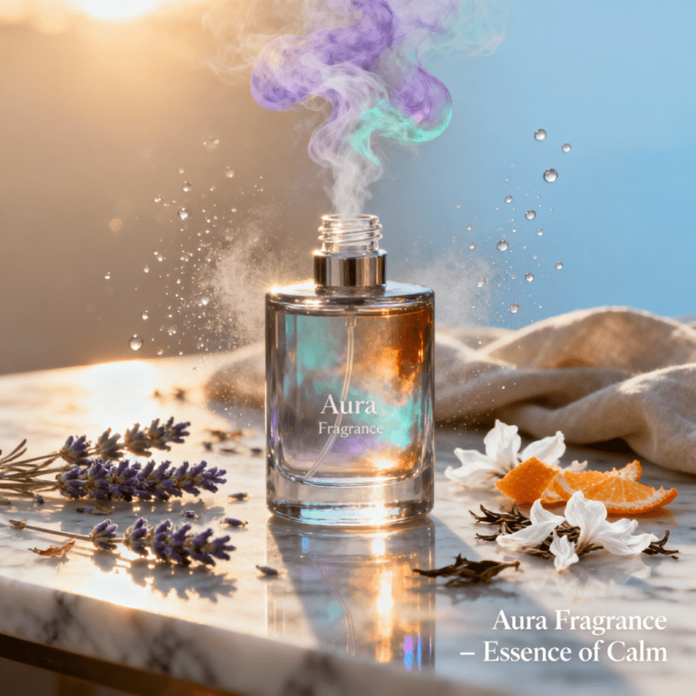 Luxury aura fragrance bottles with soft floral accents and glowing aesthetic on a marble background.