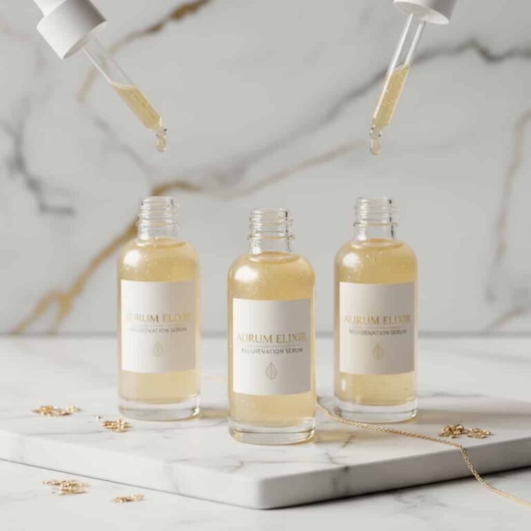Niacinamide serums for clear skin displayed on marble surface with luxury skincare aesthetic and glowing serum texture