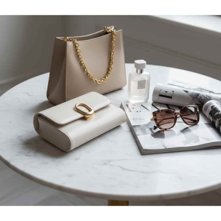Collection of best luxury handbags displayed on a marble table with fashion accessories in a minimal elegant setting.