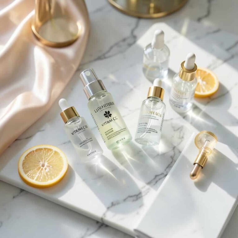 Best Vitamin C serums for glowing skin luxury skincare bottles on marble background with soft lighting