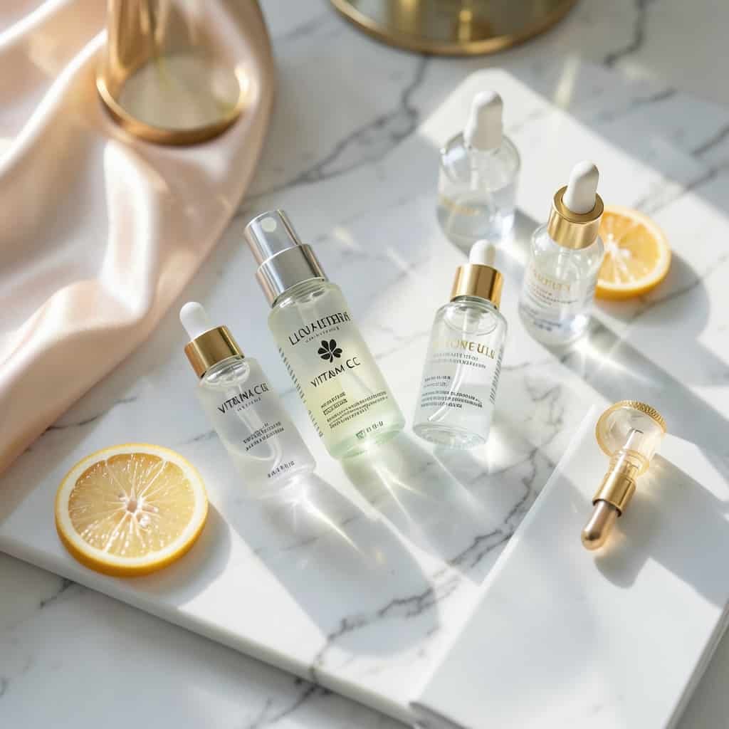 Best Vitamin C serums for glowing skin luxury skincare bottles on marble background with soft lighting