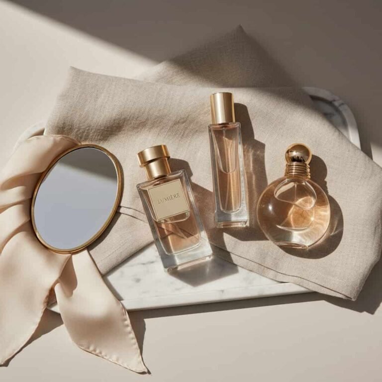 Clean Girl Perfumes for Everyday Wear flat lay with minimalist designer fragrance bottles on neutral background.