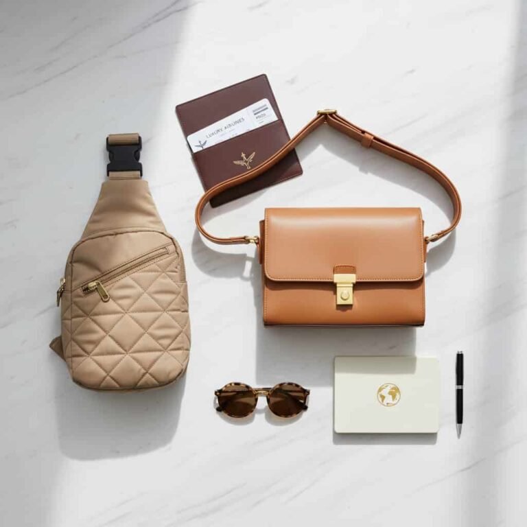 Travel Crossbody Bags for Men flat lay with passport sunglasses and travel essentials luxury travel style.