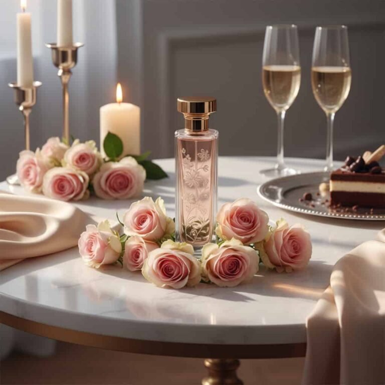 Date night perfumes for women displayed on marble vanity with roses and candlelight creating a romantic elegant fragrance aesthetic