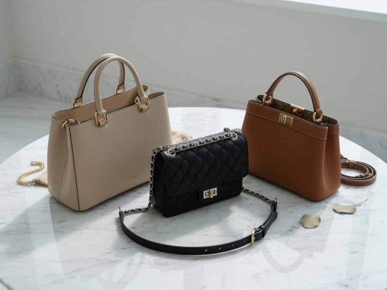 Designer look bags for women including tote, crossbody, and top handle handbags in neutral colors displayed on marble table.