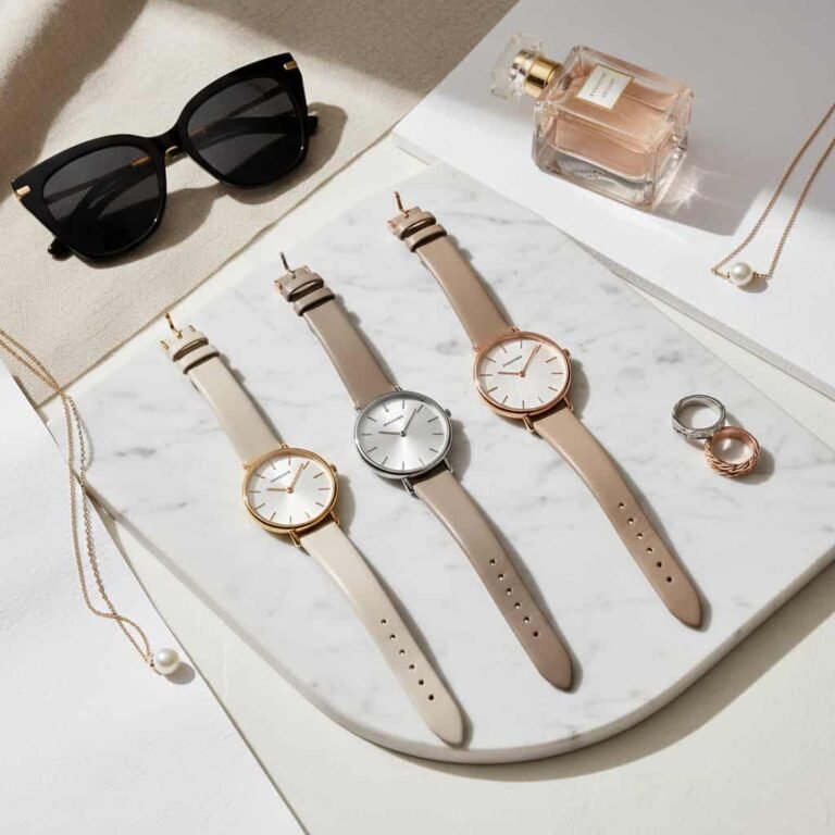 Expensive looking watches for women in gold, silver and rose gold displayed on marble background luxury flat lay
