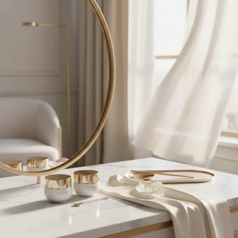 eye creams for dark circles arranged on marble background with luxury skincare aesthetic