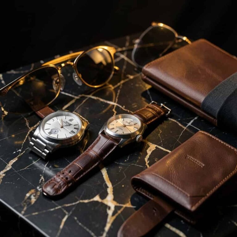 Luxury watches for man displayed with premium accessories on a dark marble background representing modern elegance and masculine style.