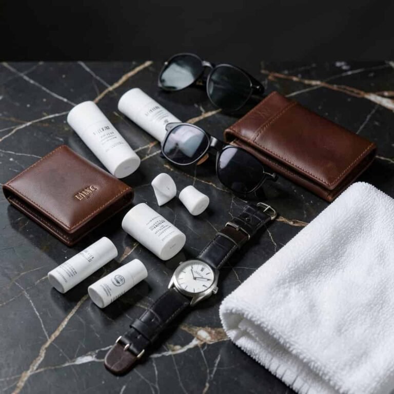 Men’s native deodorant with premium grooming accessories arranged on a dark background representing luxury men’s grooming and daily essentials.