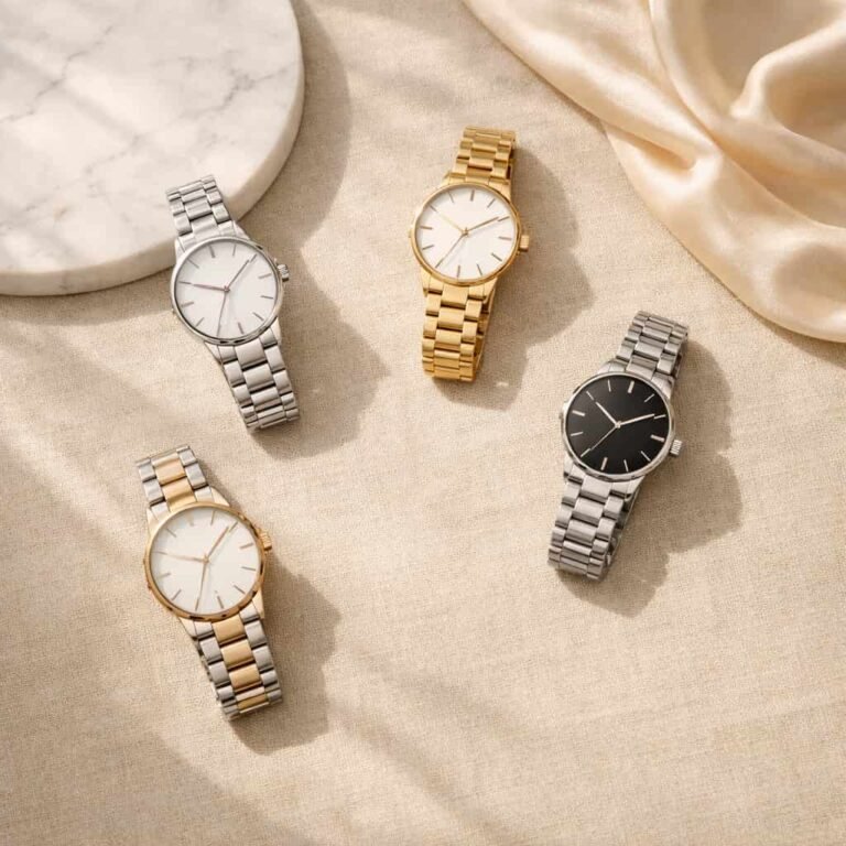 Minimalist watches for women in silver and gold tones arranged on a neutral background showcasing elegant and modern luxury timepieces
