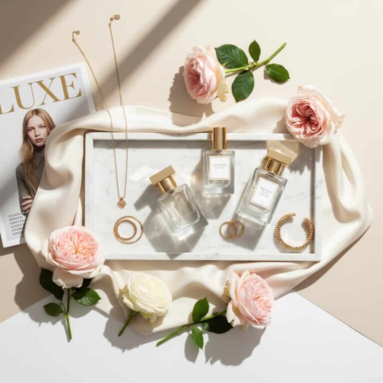 Luxury perfumes that smell expensive displayed on marble vanity with gold jewelry and silk fabric elegant flat lay.