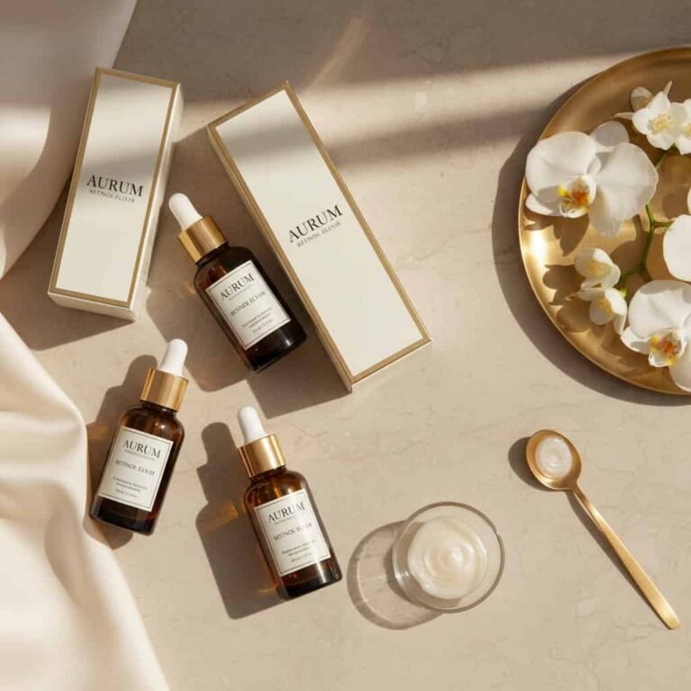 Retinol Serums for Anti-Aging arranged on a marble surface with silk fabric and flowers representing premium anti-aging skincare products.
