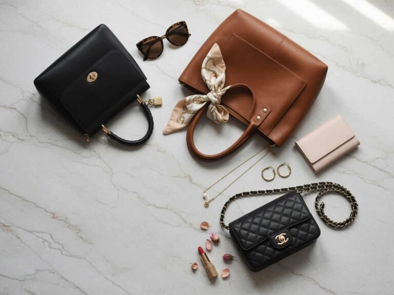 Best Stylish bags including leather tote and crossbody bag on marble background.