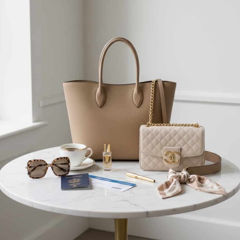 Travel handbags for women luxury tote and crossbody bags flat lay with passport and travel accessories