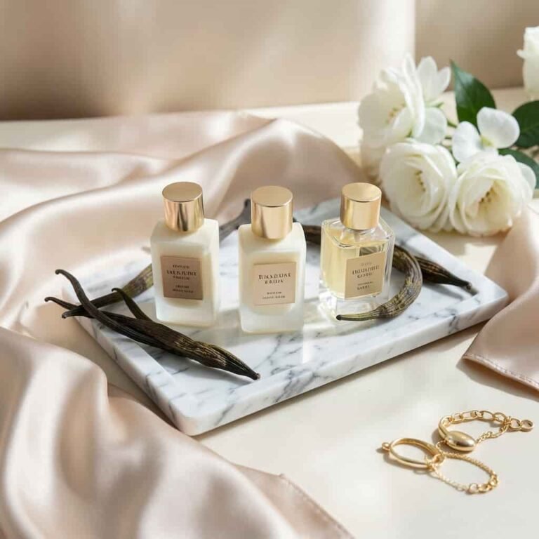 Luxury vanilla perfumes for women displayed on marble tray with vanilla pods, silk fabric and gold jewelry elegant flat lay