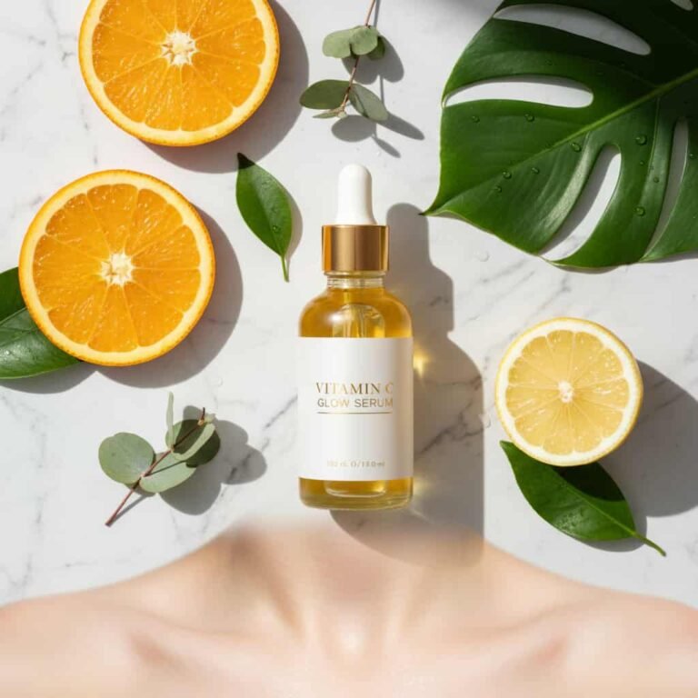 Vitamin C serum for dark spots bottle with citrus fruits for dark spots and glowing skin skincare concept.
