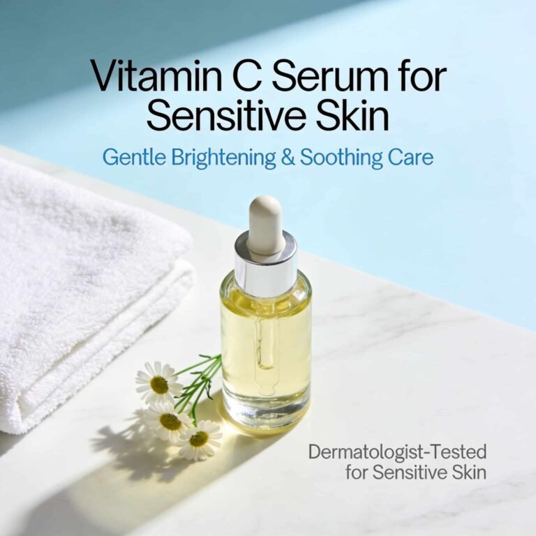 Luxury vitamin C serum for sensitive skin with aloe vera, chamomile, and citrus on a soft marble background, highlighting gentle skincare and radiant glow.