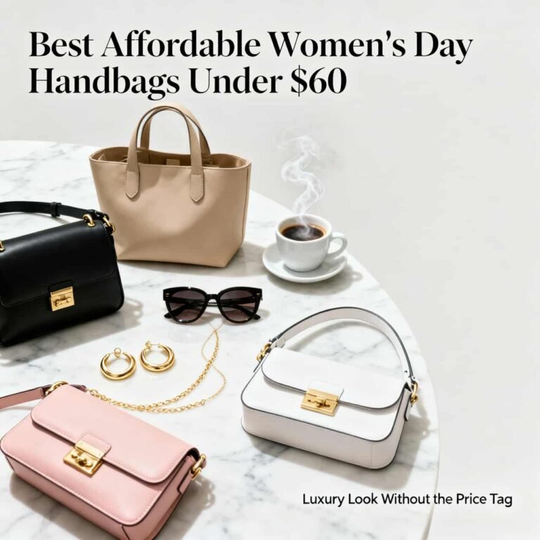 Affordable women’s handbags under $60 including tote and crossbody bags styled in a luxury flat lay for Women’s Day gift ideas