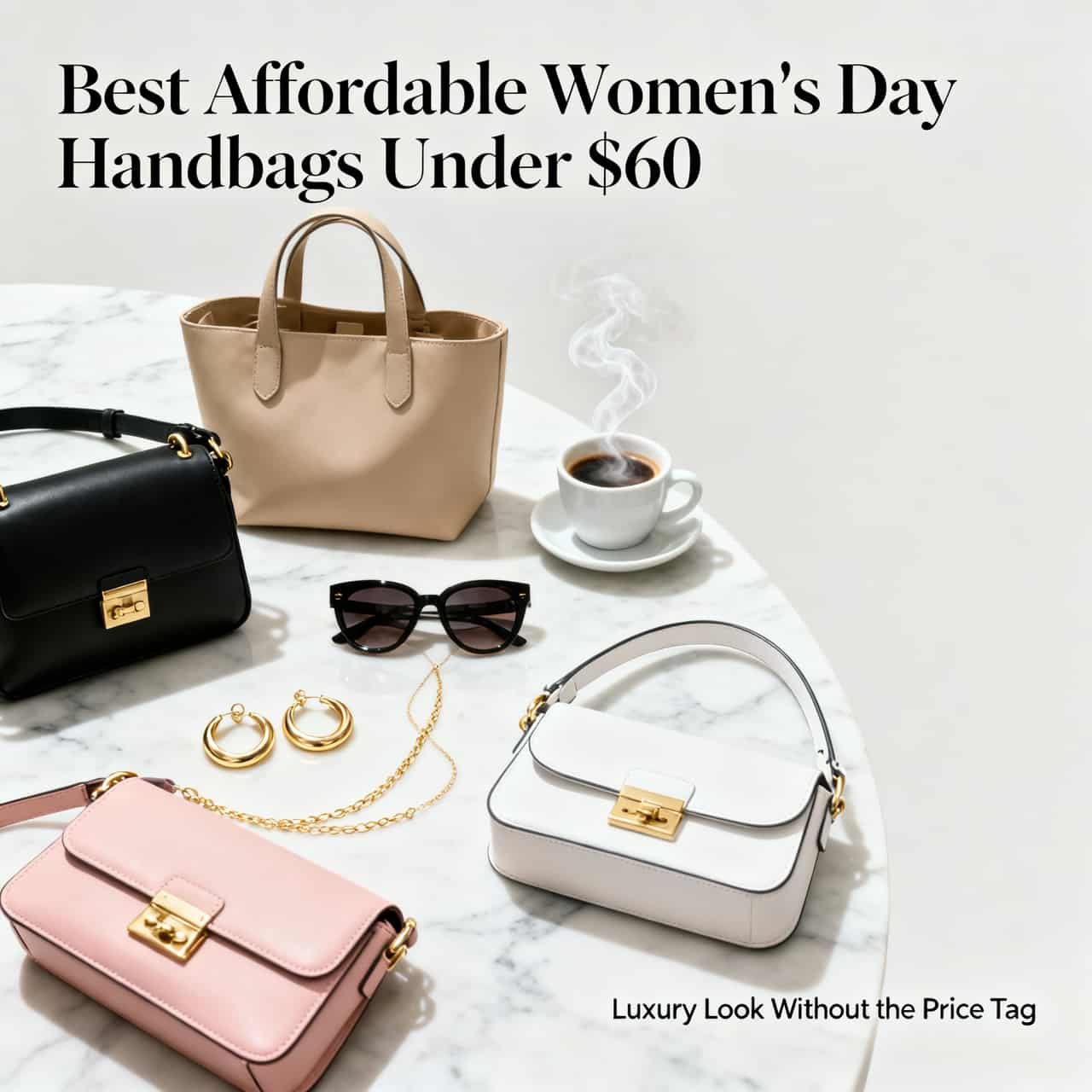 Affordable women’s handbags under $60 including tote and crossbody bags styled in a luxury flat lay for Women’s Day gift ideas