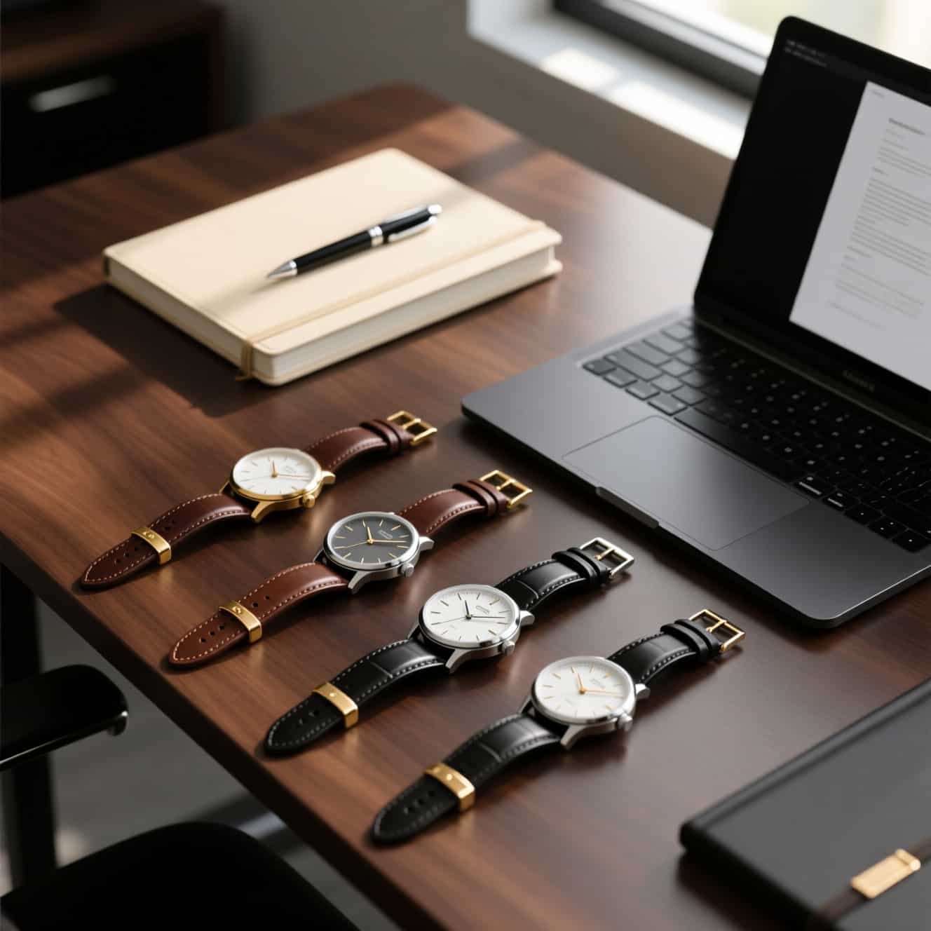 Best Elegant Watch with leather straps and minimalist design displayed on a modern workspace desk