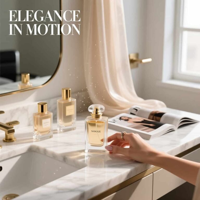 office perfumes for women arranged on a clean vanity with elegant bottles and soft natural lighting