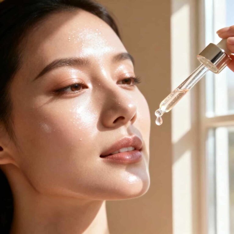 Serums for acne prone skin arranged on marble surface with elegant skincare bottles and minimal aesthetic background