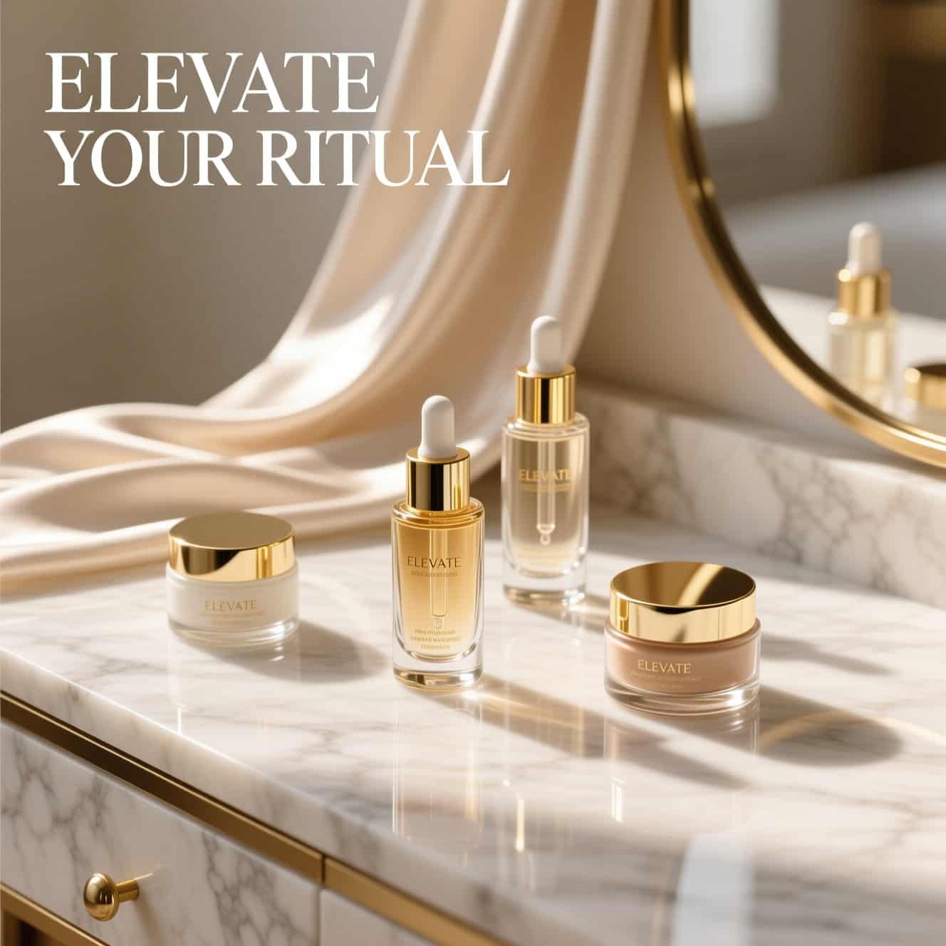 Anti-aging skincare products arranged in a luxury flat lay with serums and creams on a marble background