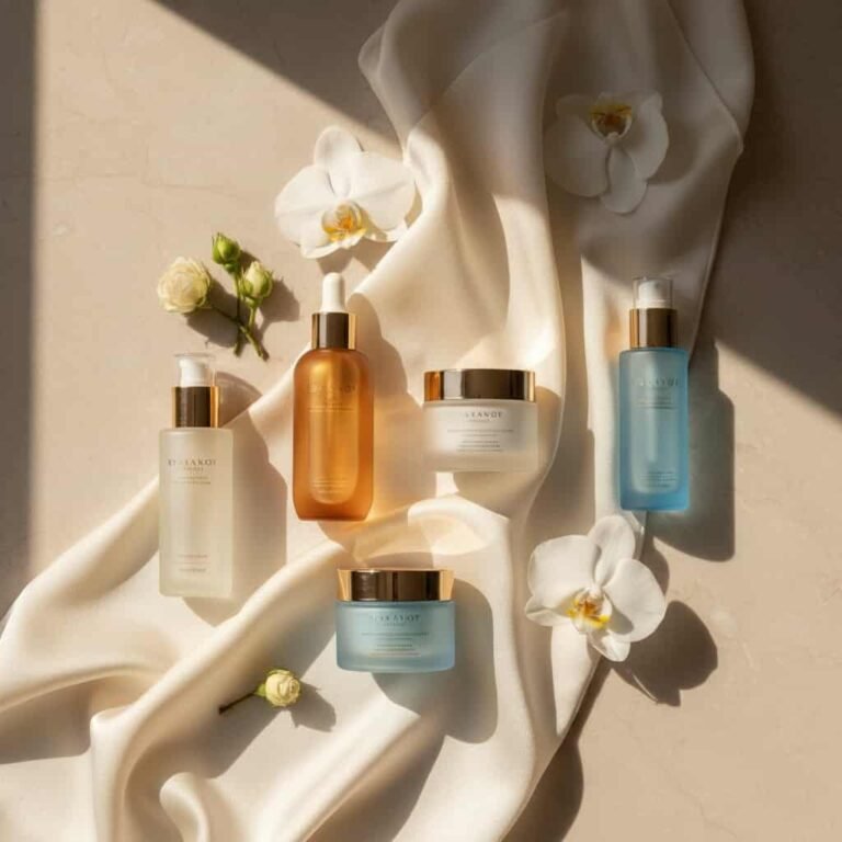 Skincare for Sensitive Skin arranged on a marble surface with soft natural light and minimalist aesthetic.