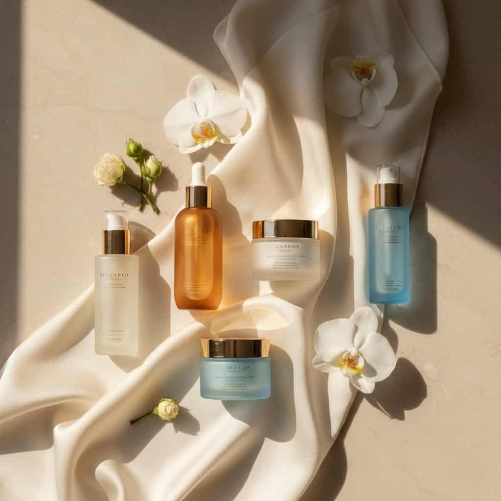 Skincare for Sensitive Skin arranged on a marble surface with soft natural light and minimalist aesthetic.