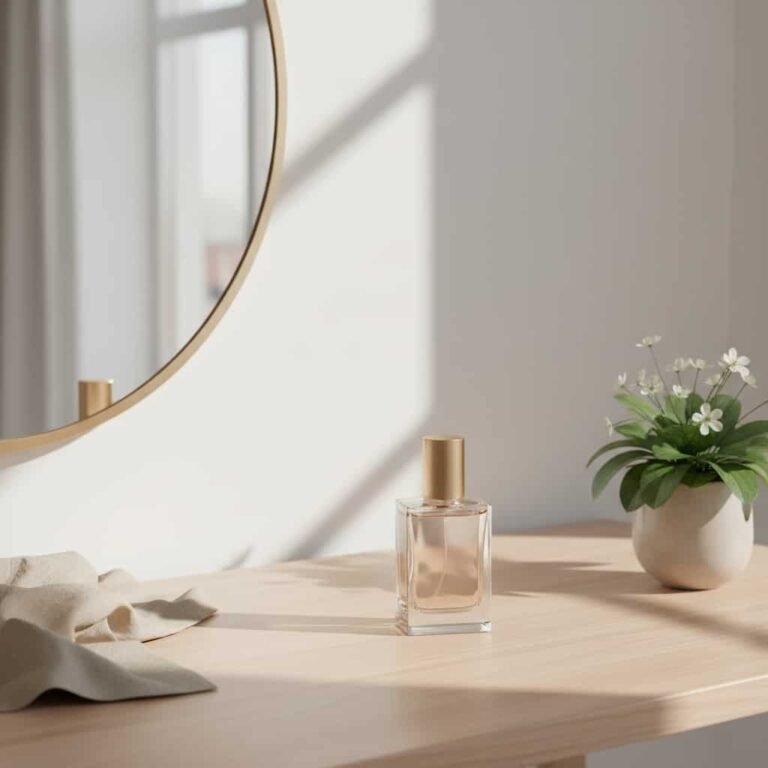 Elegant aura fragrance perfume bottle on a minimalist vanity with soft natural light, ideal for daily wear