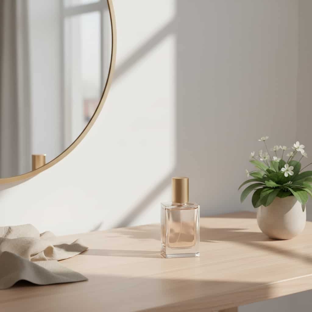Elegant aura fragrance perfume bottle on a minimalist vanity with soft natural light, ideal for daily wear