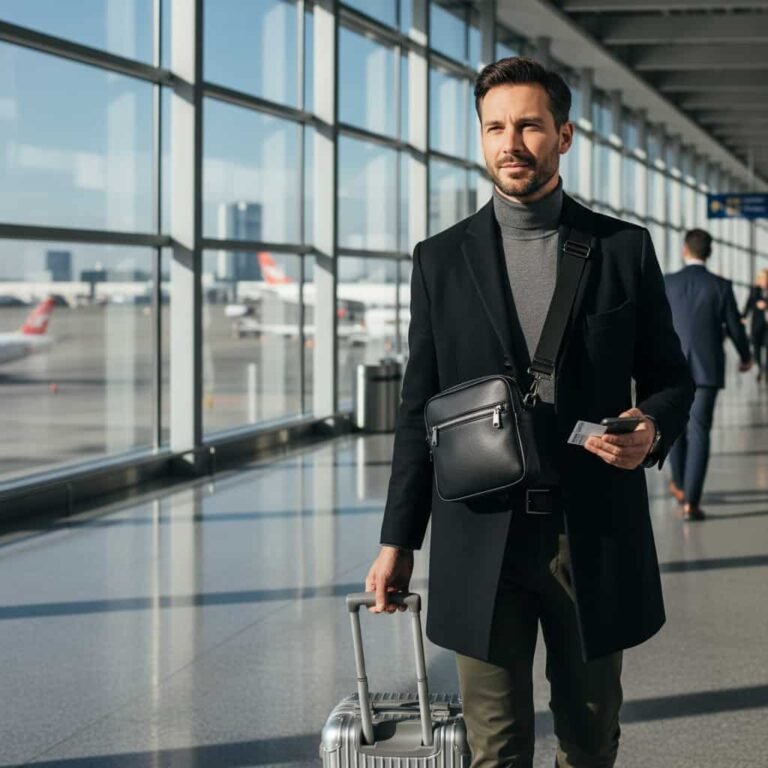 Travel Crossbody Bag worn in an airport, featuring a compact and functional design for modern travelers