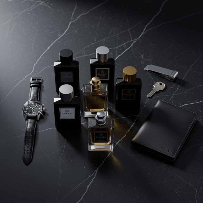 Elegant perfumes for men displayed on a luxury dark background with stylish accessories showcasing premium men's fragrances
