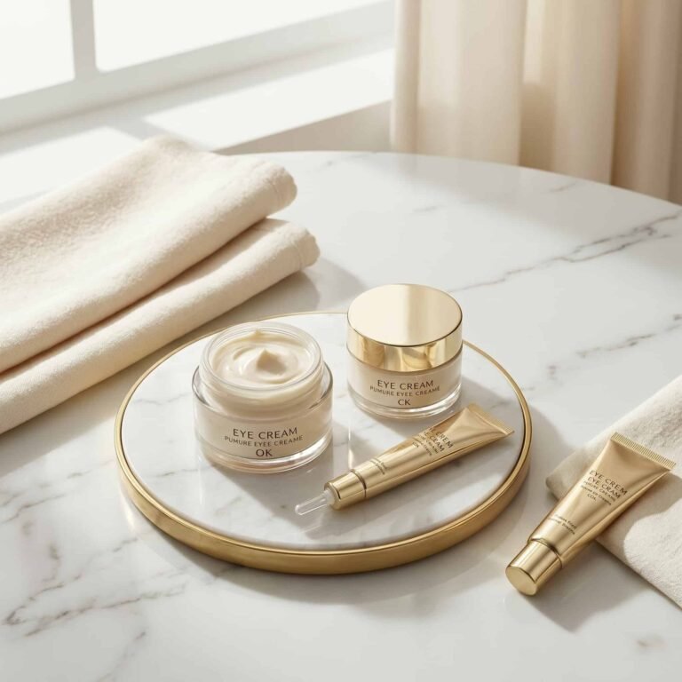 Best Luxury Eye Creams for wrinkles dark circles and puffiness displayed in a premium skincare flat lay