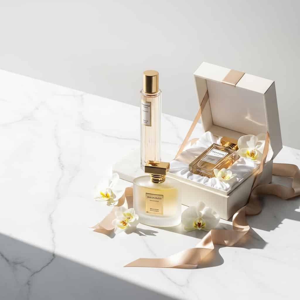 Luxury perfume gift ideas with elegant bottles and premium packaging on a marble surface.