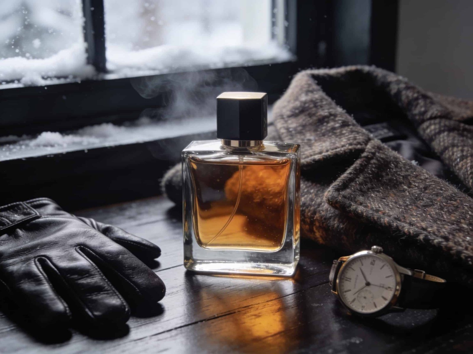 Best perfumes for winter men with warm woody and spicy fragrance setup in a cold weather lifestyle scene