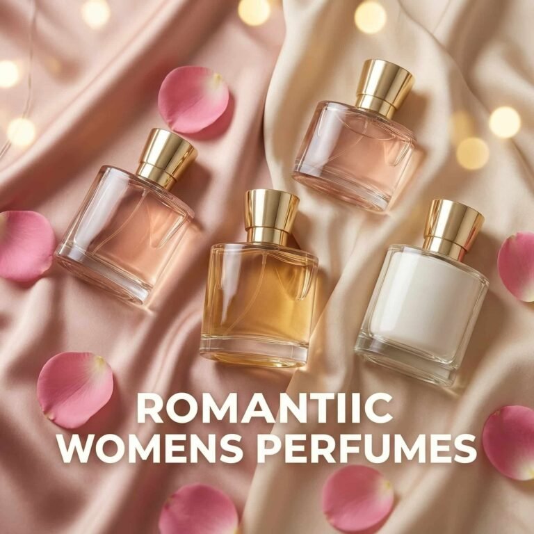 Best romantic perfumes for women displayed in a luxury flat lay with elegant bottles and soft feminine background