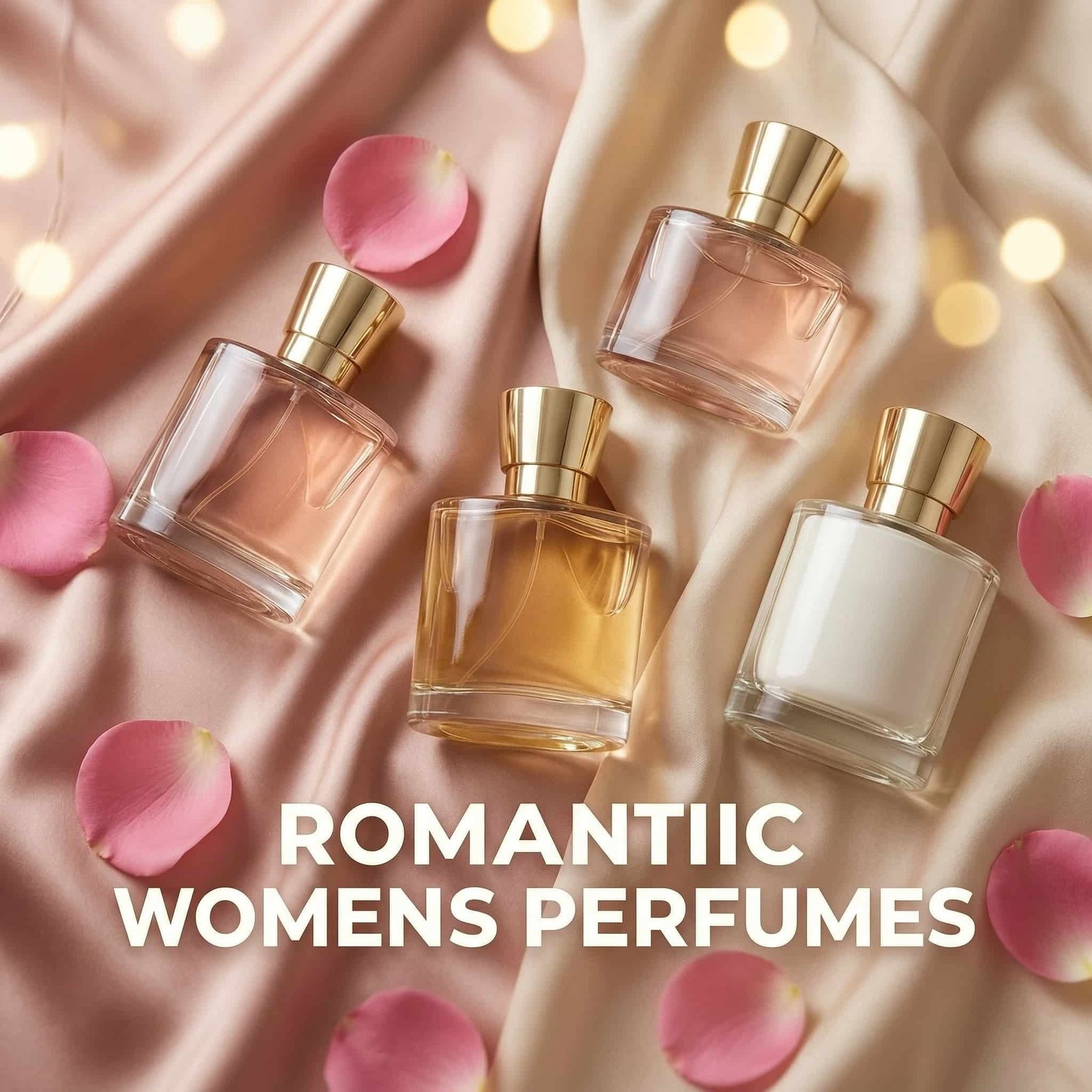 Best romantic perfumes for women displayed in a luxury flat lay with elegant bottles and soft feminine background