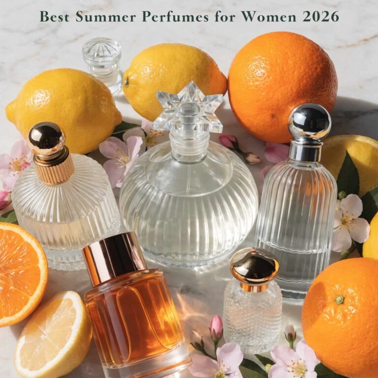 Best summer perfumes for women 2026 with citrus fruits and floral notes in a fresh aesthetic layout