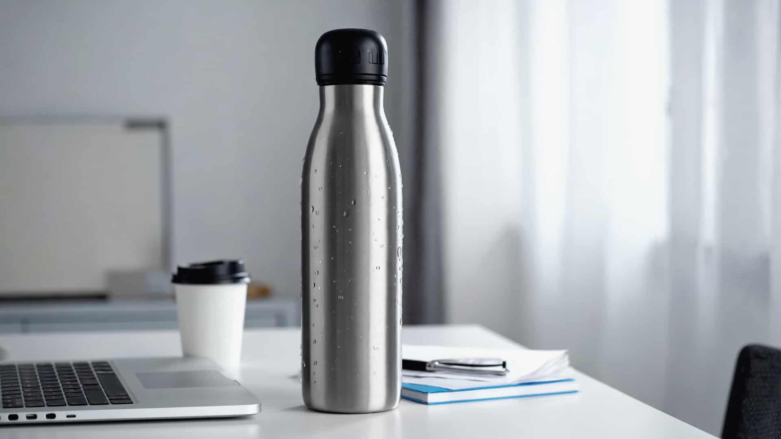 Thermal Water Bottle on modern desk setup with laptop and coffee, minimal lifestyle scene