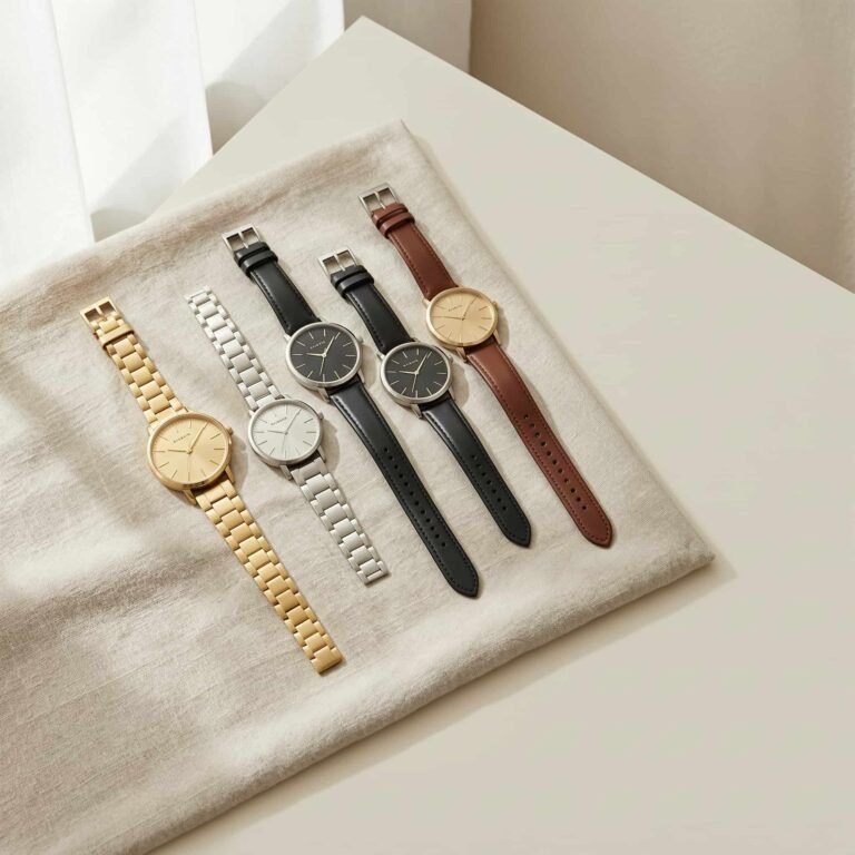 Capsule wardrobe watches for women in neutral tones styled on a clean elegant background