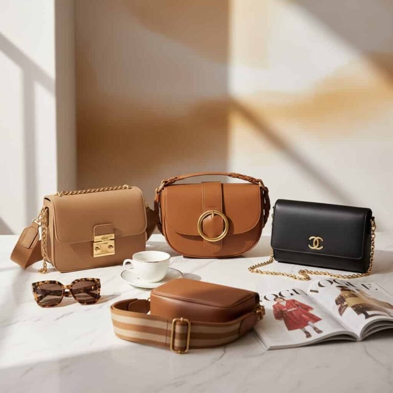Crossbody bags that look expensive in neutral leather tones with gold hardware styled in a luxury flat lay